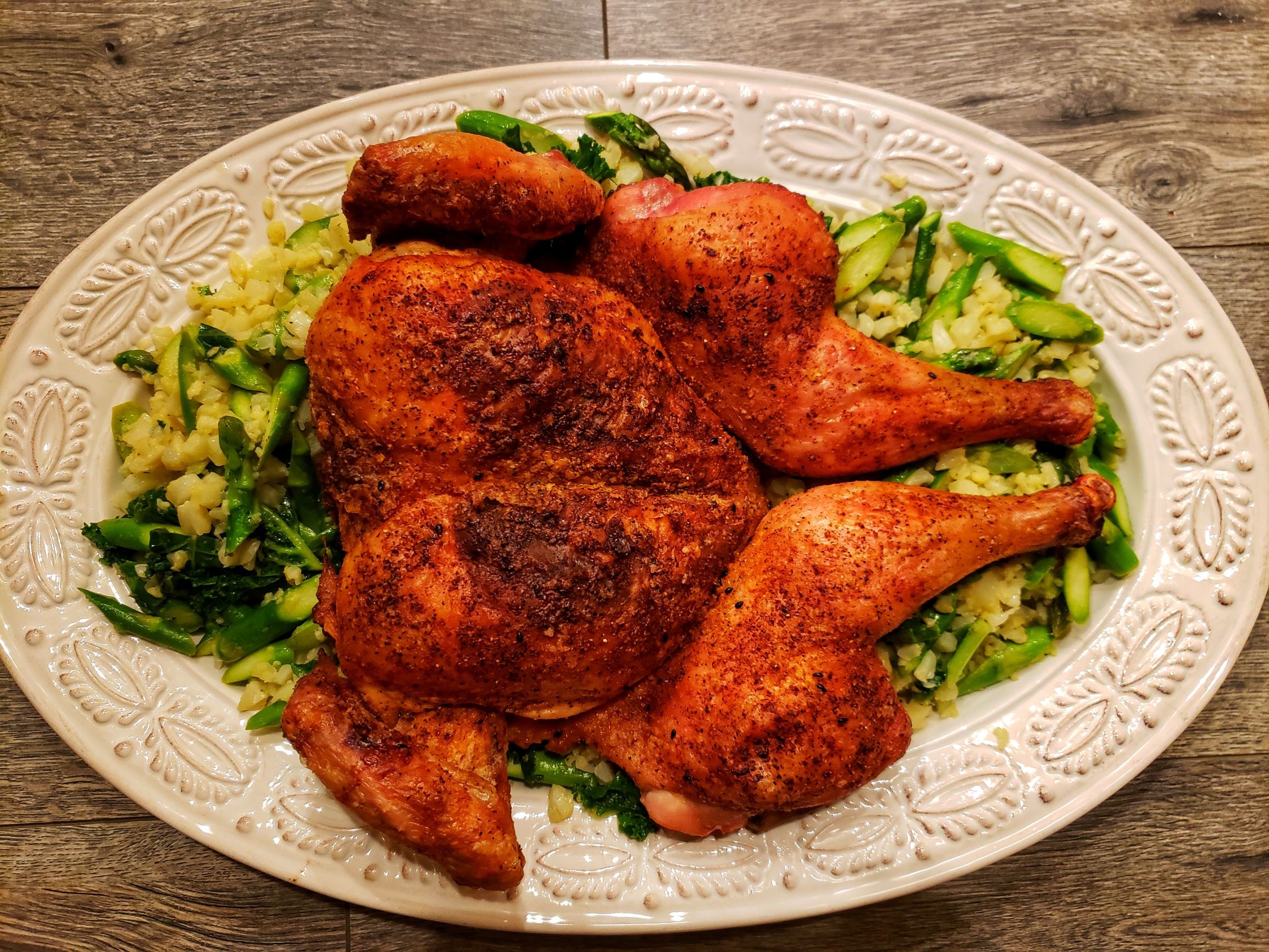 Succulent Cajun Flavor Roasted Chicken with Asparagus Cauliflower Rice